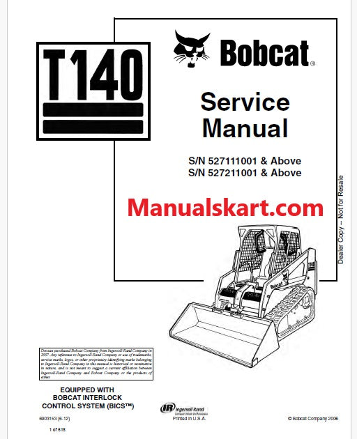 Bobcat T140 Skid Steer Loader Pdf Repair Service Manual (Pb no. 6903153)