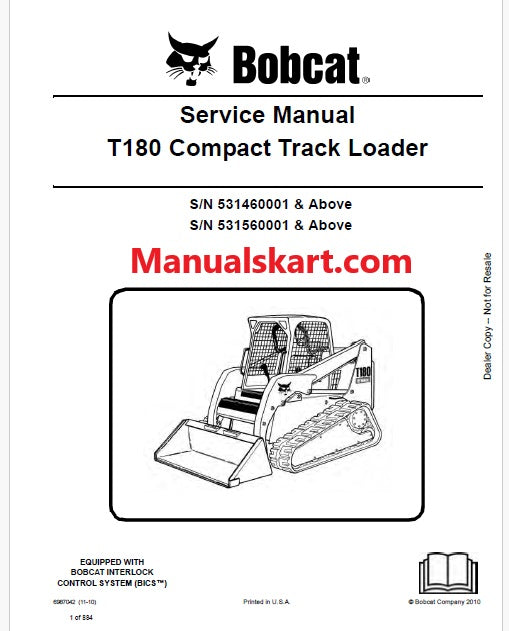 Bobcat T180 Compact Track Loader Pdf Repair Service Manual (Pb no. 6987042)