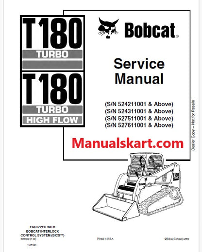 Bobcat T180 Turbo, T180 Turbo High Flow Skid Steer Loader Pdf Repair Service Manual (Pb no. 6902502)