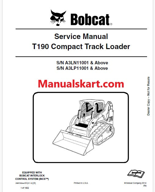 Bobcat T190 Compact Track Loader Pdf Repair Service Manual (Pb no. 6987052enUS)