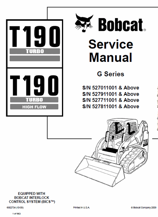 Bobcat T190 Turbo and Turbo High Flow Compact Track Loader (G Series) Pdf Repair Service Manual