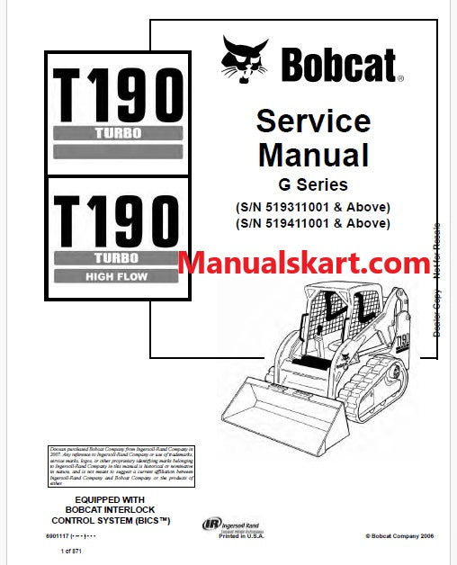 Bobcat T190 Turbo, T190 Turbo High Flow Compact Track Loader Pdf Repair Service Manual (Pb no. 6901117)