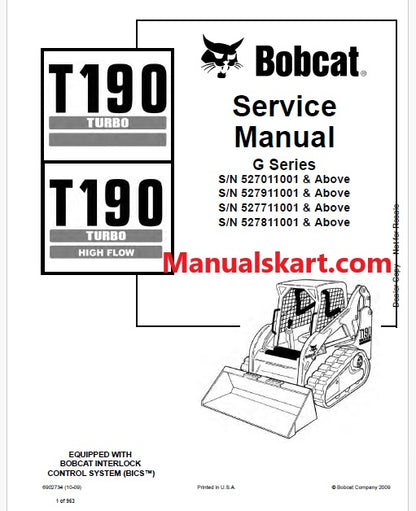 Bobcat T190 Turbo, T190 Turbo High Flow Compact Track Loader Pdf Repair Service Manual (Pb no. 6902734)