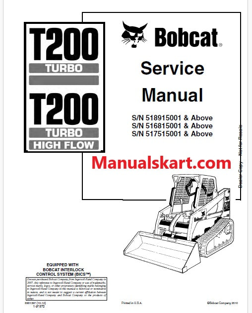 Bobcat T200 Turbo, T200 Turbo High Flow Compact Track Loader Pdf Repair Service Manual (Pb no. 6901397)