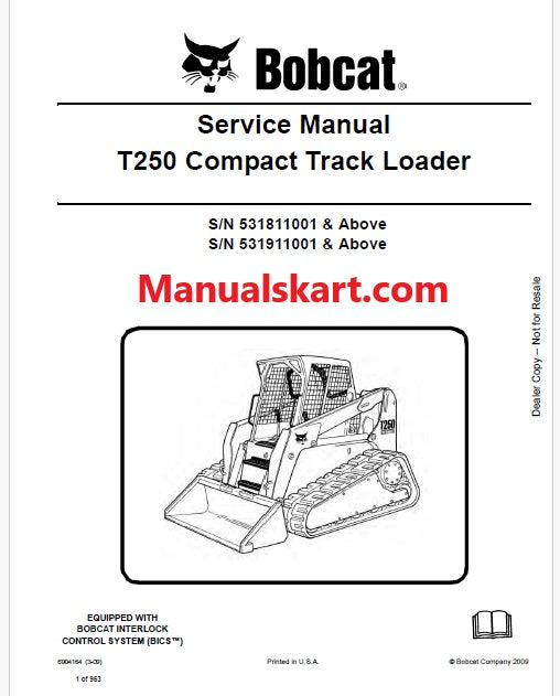 Bobcat T250 Compact Track Loader Pdf Repair Service Manual (Pb no. 6904164)