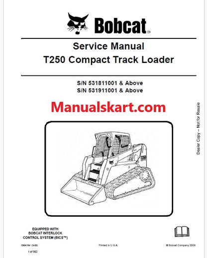 Bobcat T250 Compact Track Loader Pdf Repair Service Manual (Pb no. 6904164)