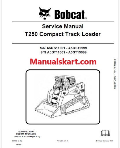 Bobcat T250 Compact Track Loader Pdf Repair Service Manual (Pb no. 6986682)