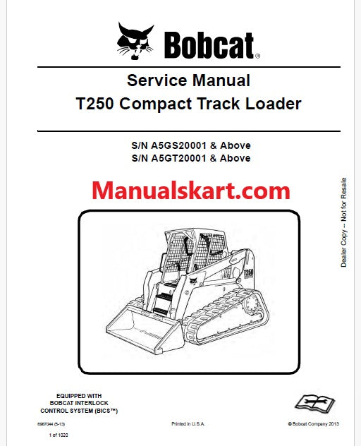 Bobcat T250 Compact Track Loader Pdf Repair Service Manual (Pb no. 6987044)