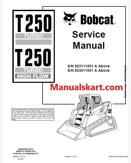 Bobcat T250 Turbo, T250 Turbo High Flow Compact Track Loader Pdf Repair Service Manual (Pb no. 6902451)