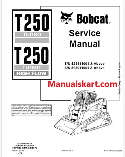 Bobcat T250 Turbo, T250 Turbo High Flow Compact Track Loader Pdf Repair Service Manual (Pb no. 6902451)