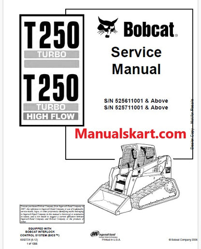 Bobcat T250 Turbo, T250 Turbo High Flow Compact Track Loader Pdf Repair Service Manual (Pb no. 6902724)