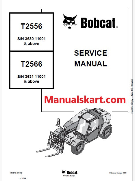 Bobcat T2556, T2566 Telescopic Handler Pdf Repair Service Manual (Pb no. 4852210)