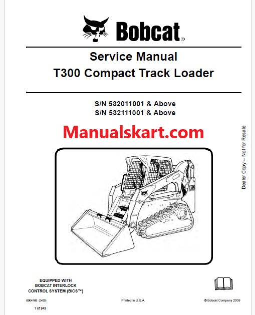 Bobcat T300 Compact Track Loader Pdf Repair Service Manual (Pb no. 6904168)