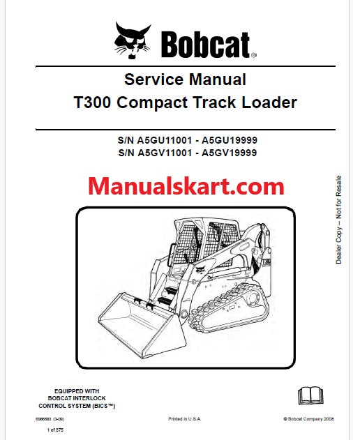 Bobcat T300 Compact Track Loader Pdf Repair Service Manual (Pb no. 6986683)