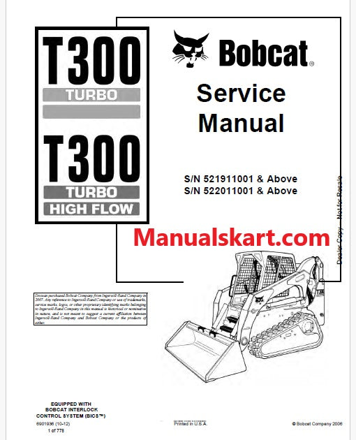 Bobcat T300 Turbo, T300 Turbo High Flow Compact Track Loader Pdf Repair Service Manual (Pb no. 6901936)