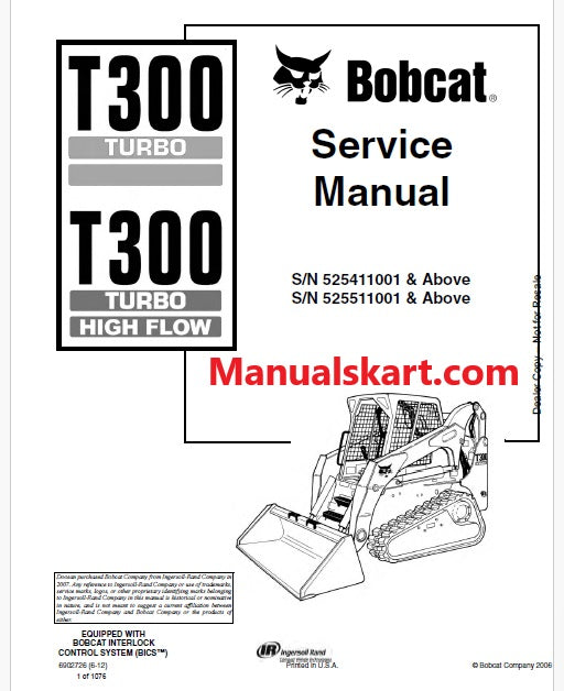 Bobcat T300 Turbo, T300 Turbo High Flow Compact Track Loader Pdf Repair Service Manual (Pb no. 6902726)