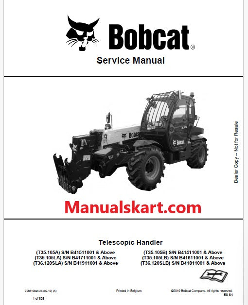 Bobcat T35.105A, T35.105LA, T36.120SLA, T35.105B, T35.105LB, T36.120SLB Telescopic Handler Pdf Repair Service Manual (Pb no. 7283190enUS)