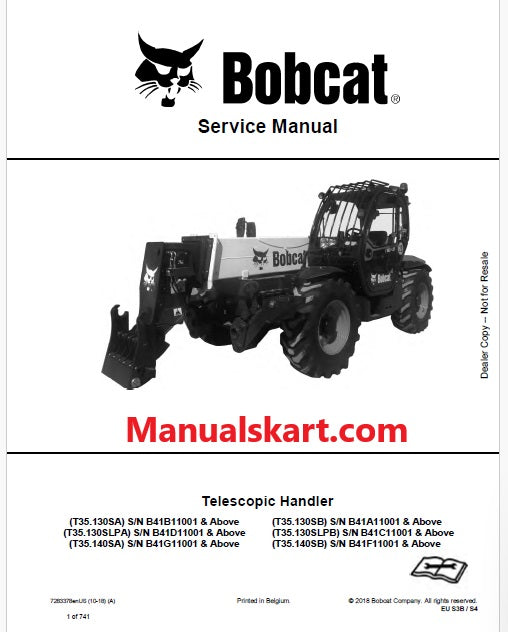 Bobcat T35.130SA, T35.130SLPA, T35.140SA, T35.130SB, T35.130SLPB, T35.140SB Telescopic Handler Pdf Repair Service Manual (Pb no. 7283378enUS)