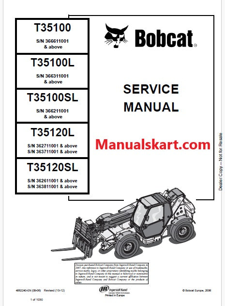 Bobcat T35100, T35100L, T35100SL, T35120L, T35120SL Telescopic Handler Pdf Repair Service Manual (Pb no. 4852240-EN)