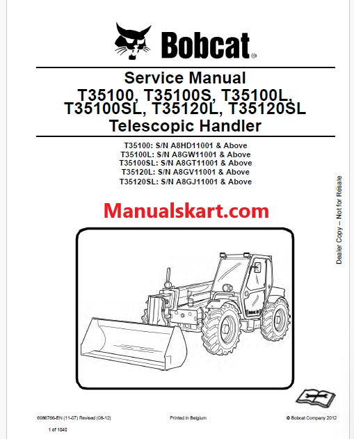 Bobcat T35100, T35100L, T35100SL, T35120L, T35120SL Telescopic Handler Pdf Repair Service Manual (Pb no. 6986766-EN)