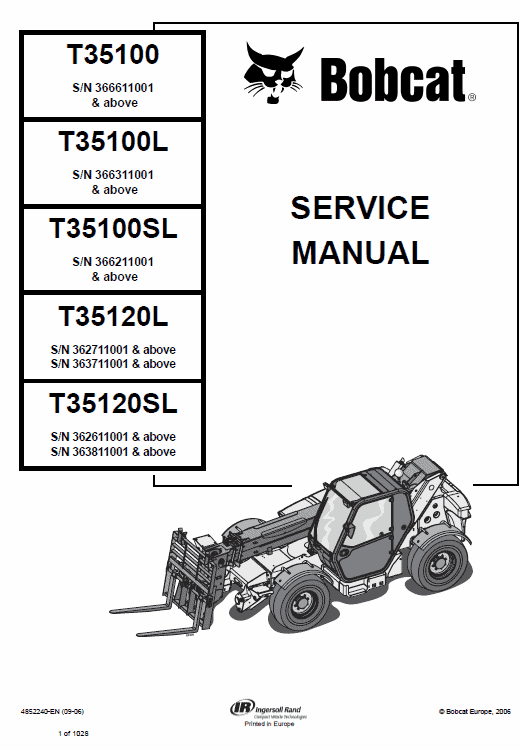 Bobcat T35100, T35100S, T35100L, T35100SL, T35120L, T35120SL Telescopic Handler Pdf Repair Service Manual