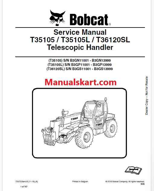 Bobcat T35105, T35105L, T36120SL Telescopic Handler Pdf Repair Service Manual (Pb no. 7257228enUS)