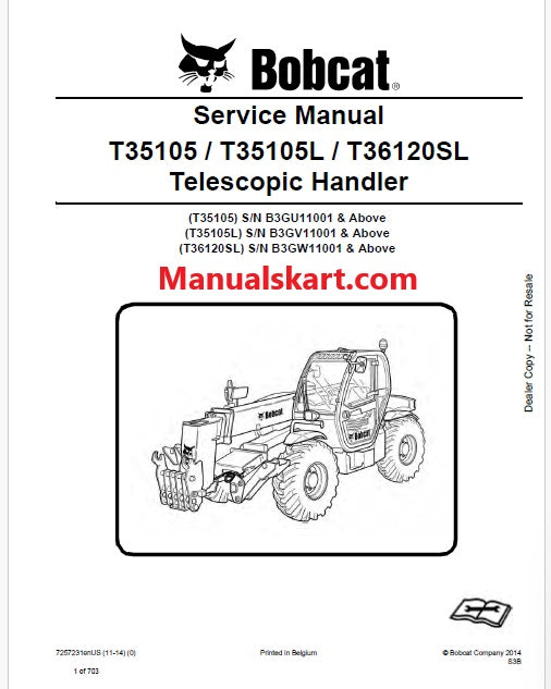 Bobcat T35105, T35105L, T36120SL Telescopic Handler Pdf Repair Service Manual (Pb no. 7257231enUS)