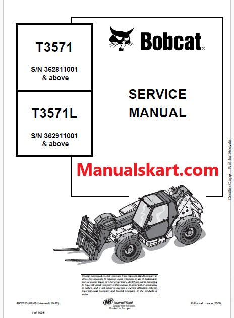 Bobcat T3571, T3571L Telescopic Handler Pdf Repair Service Manual (Pb no. 4852150)