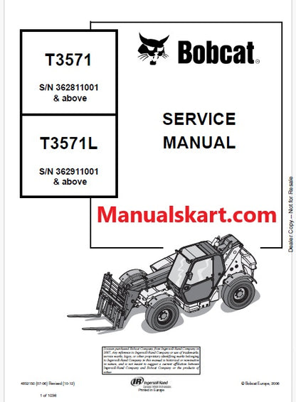 Bobcat T3571, T3571L Telescopic Handler Pdf Repair Service Manual (Pb no. 4852150)