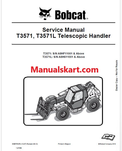 Bobcat T3571, T3571L Telescopic Handler Pdf Repair Service Manual (Pb no. 6986765-EN)