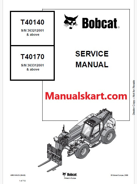 Bobcat T40140, T40170 Telescopic Handler Pdf Repair Service Manual (Pb no. 4950145-EN)