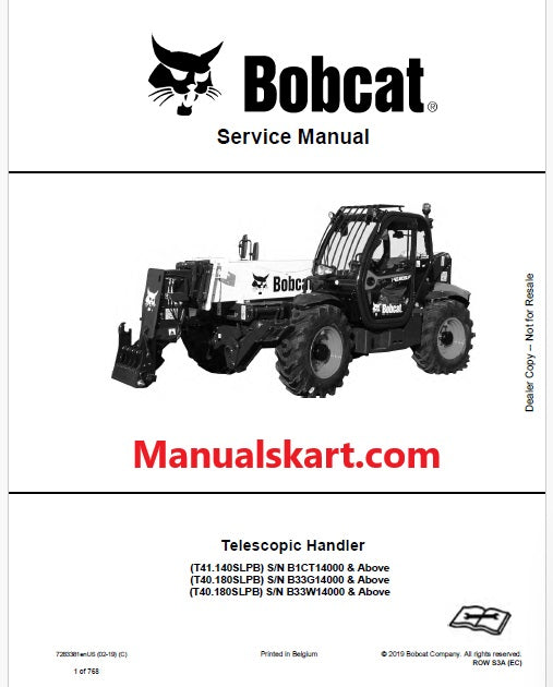 Bobcat T41.140SLPB, T40.180SLPB, T40.180SLPB Telescopic Handler Pdf Repair Service Manual (Pb no. 7283381enUS)