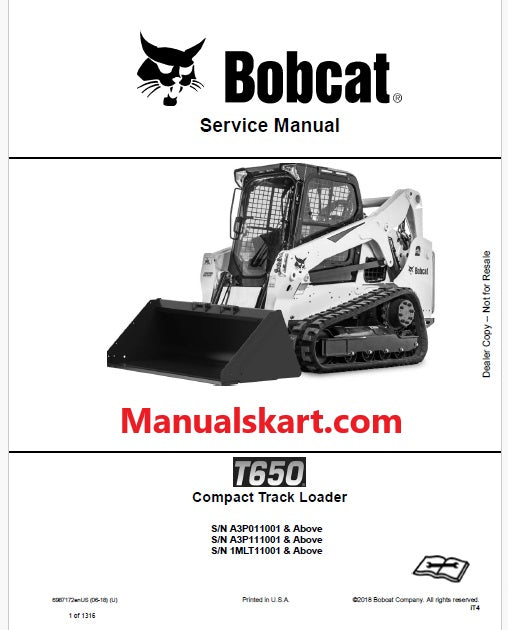 Bobcat T650 Compact Track Loader Pdf Repair Service Manual (Pb no. 6987172enUS)