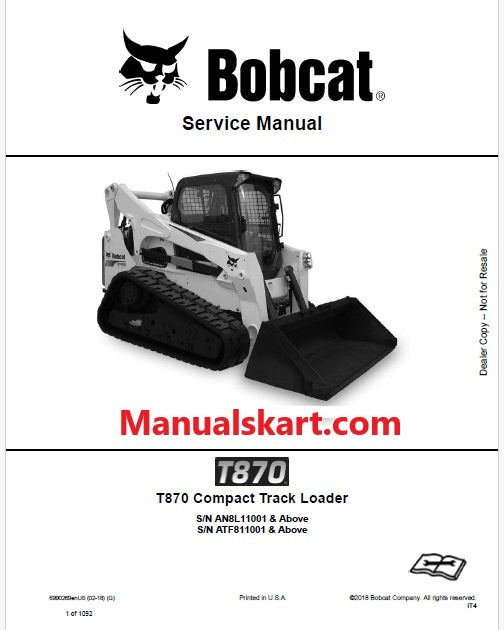 Bobcat T870 Compact Track Loader Pdf Repair Service Manual (Pb no. 6990269enUS)