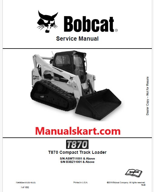 Bobcat T870 Compact Track Loader Pdf Repair Service Manual (Pb no. 7248302enUS)