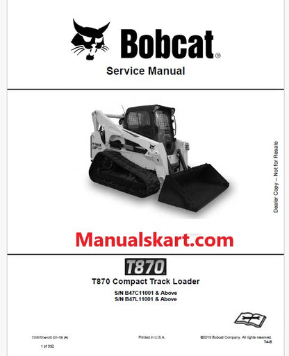 Bobcat T870 Compact Track Loader Pdf Repair Service Manual (Pb no. 7318701enUS)