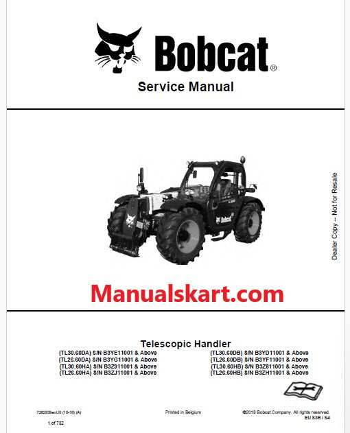 Bobcat TL30.60DA, TL26.60DA, TL30.60HA, TL26.60HA, TL30.60DB, TL26.60DB, TL30.60HB, TL26.60HB Telescopic Handler Pdf Repair Service Manual (Pb no. 7282535enUS)