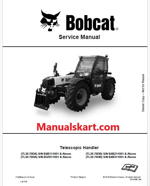 Bobcat TL30.70DA, TL30.70HA, TL30.70DB, TL30.70HB Telescopic Handler Pdf Repair Service Manual (Pb no. 7319660enUS)