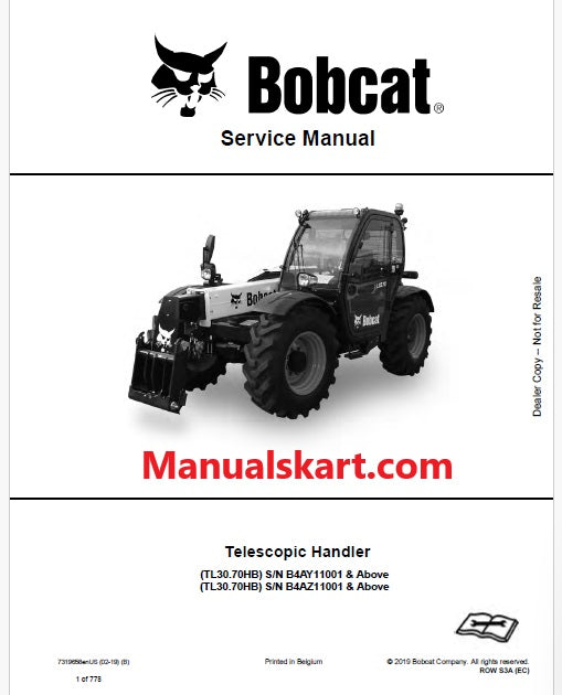 Bobcat TL30.70HB, TL30.70HB Telescopic Handler Pdf Repair Service Manual (Pb no. 7319658enUS)