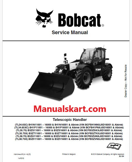 Bobcat TL34.65C, TL34.65XC, TL35.70, TL35.70X, TL38.70, TL38.70X Telescopic Handler Pdf Repair Service Manual (Pb no. 7283184enUS)