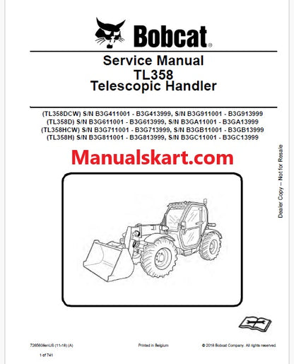 Bobcat TL358DCW, TL358D, TL358HCW, TL358H Telescopic Handler Pdf Repair Service Manual (Pb no. 7265608enUS)