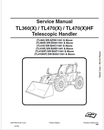 Bobcat TL360(X), TL470(X), TL470(X)HF Telescopic Handler Pdf Repair Service Manual