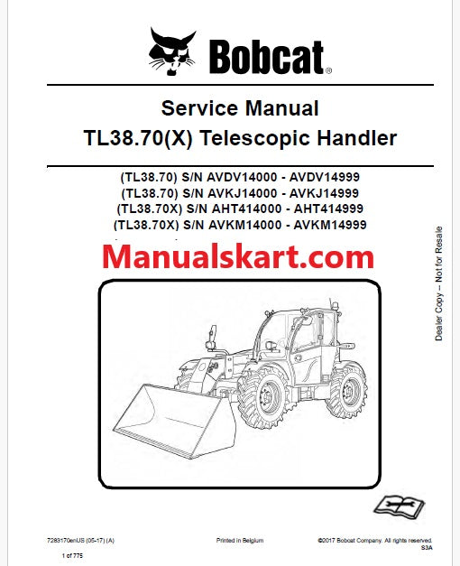 Bobcat TL38.70, TL38.70X Telescopic Handler Pdf Repair Service Manual (Pb no. 7283170enUS)