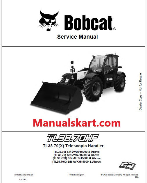 Bobcat TL38.70HF, TL38.70, TL38.70X Telescopic Handler Pdf Repair Service Manual (Pb no. 7311032enUS)