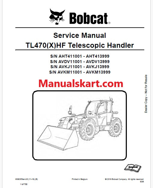 Bobcat TL470(X)HF Telescopic Handler Pdf Repair Service Manual (Pb no. 6990359enUS)