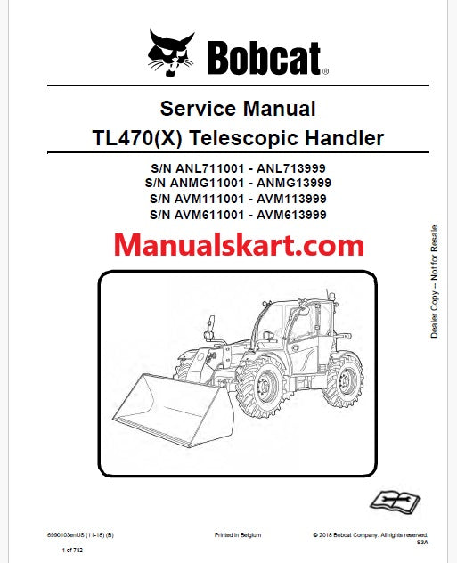 Bobcat TL470(X) Telescopic Handler Pdf Repair Service Manual (Pb no. 6990103enUS)