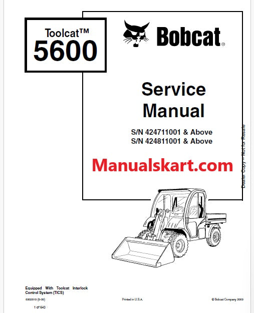 Bobcat Toolcat 5600 Utility Work Machine Pdf Repair Service Manual (Pb no. 6902819)