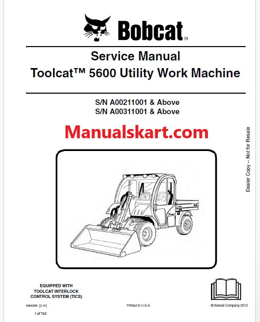 Bobcat Toolcat 5600 Utility Work Machine Pdf Repair Service Manual (Pb no. 6904209)