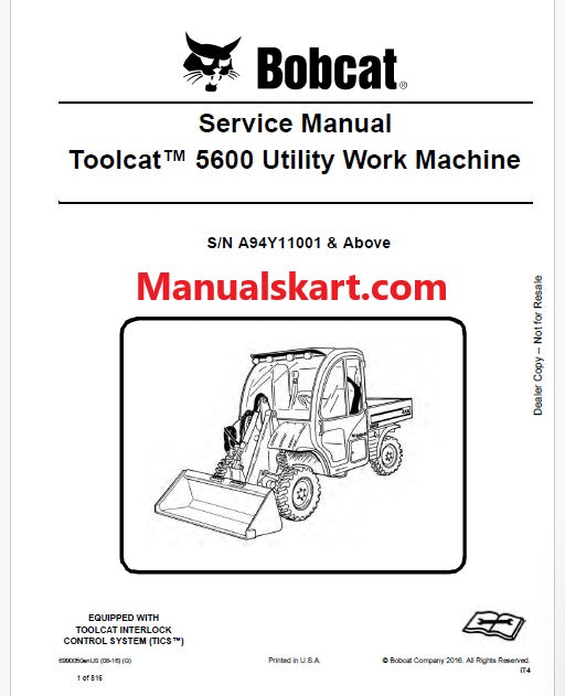 Bobcat Toolcat 5600 Utility Work Machine Pdf Repair Service Manual (Pb no. 6990050enUS)