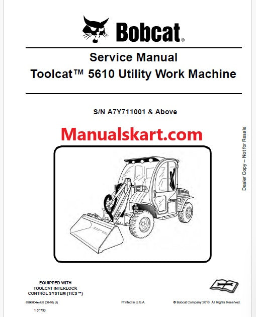 Bobcat Toolcat 5610 Utility Work Machine Pdf Repair Service Manual (Pb no. 6986804enUS)